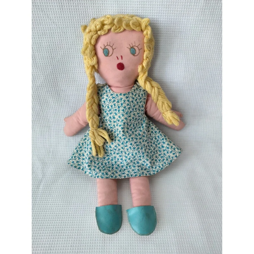 Charming Vintage 1960s Pair of Folk Art Reversible Happy/Sleepy Face Cloth Dolls